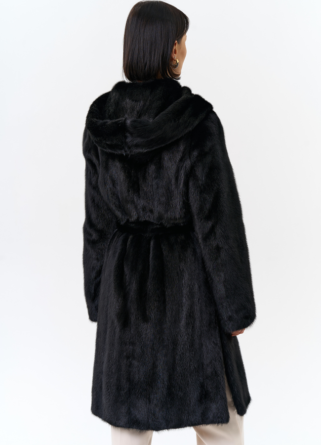 Норковая шуба с капюшоном и поясом черного цвета модель № 29529 в кредит