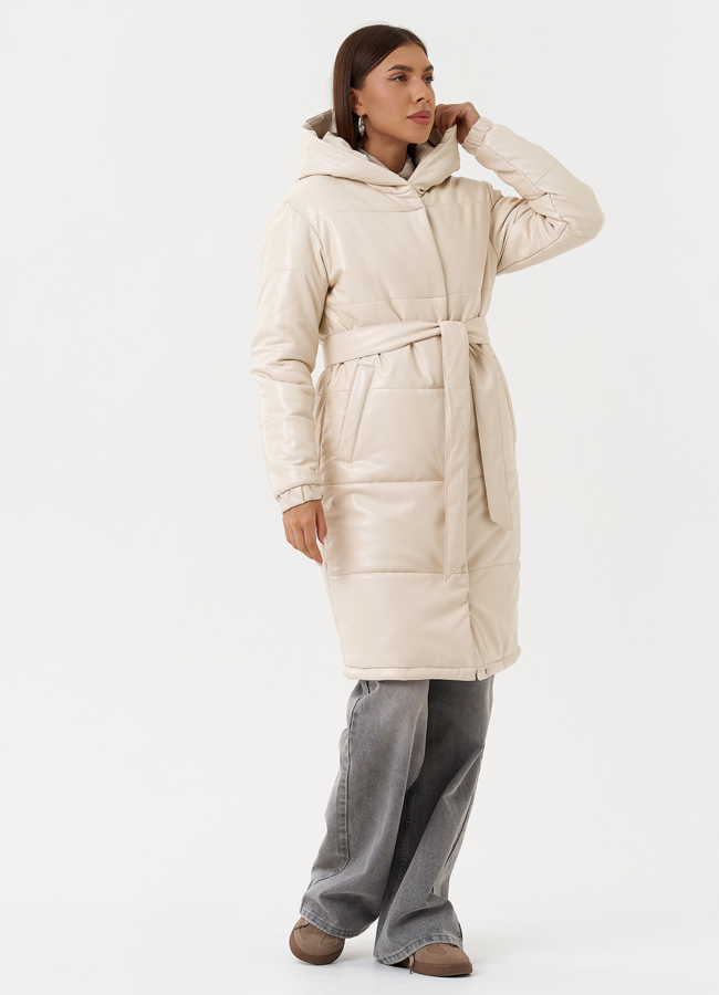 Пуховик из эко кожи с капюшоном модель № 27702 в кредит