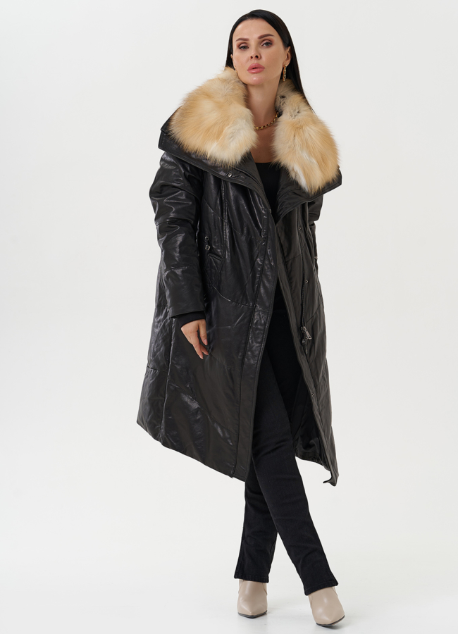 фото Женский кожаный пуховик с отделкой из меха лисы модель № 28110