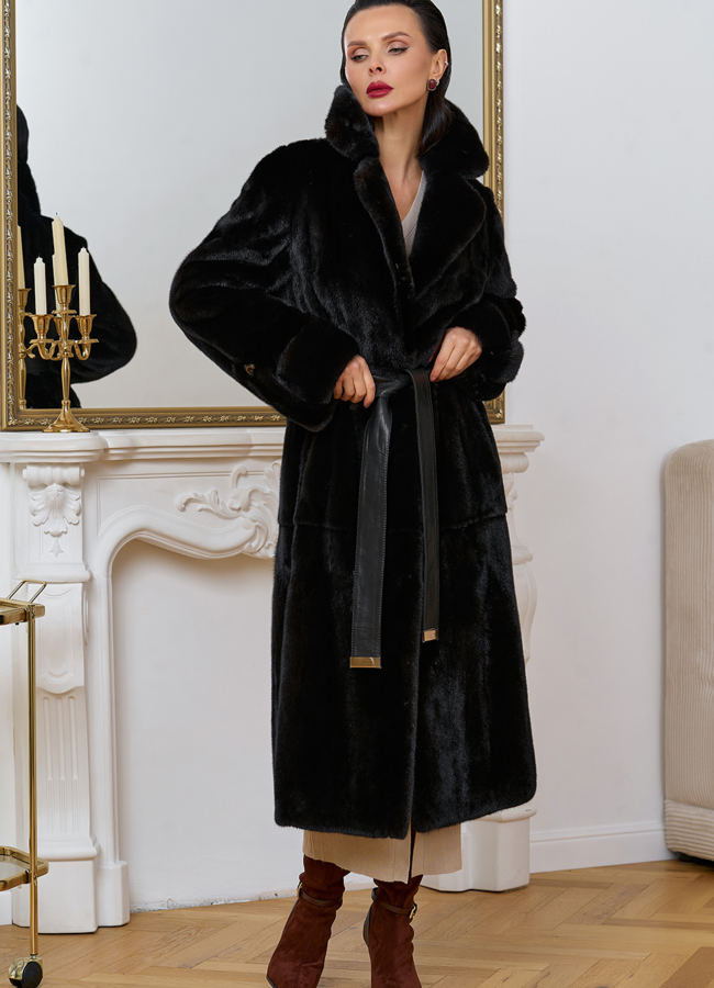 фото Женская шуба из меха норки blackglama с поясом модель № 31634