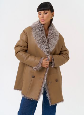 Женская двухсторонняя дубленка с воротником 