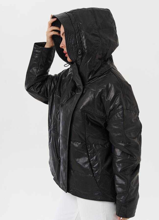 Утепленная куртка из натуральной кожи с капюшоном модель № 28111 универмаг малина