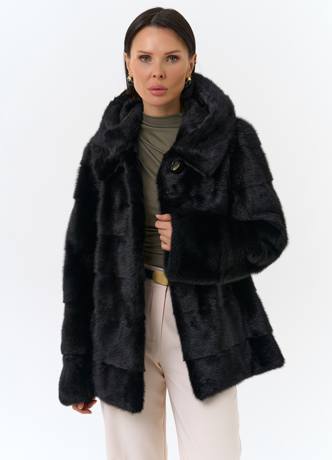 Укороченная норковая шуба черного цвета 2 в 1 модель № 25396 универмаг малина