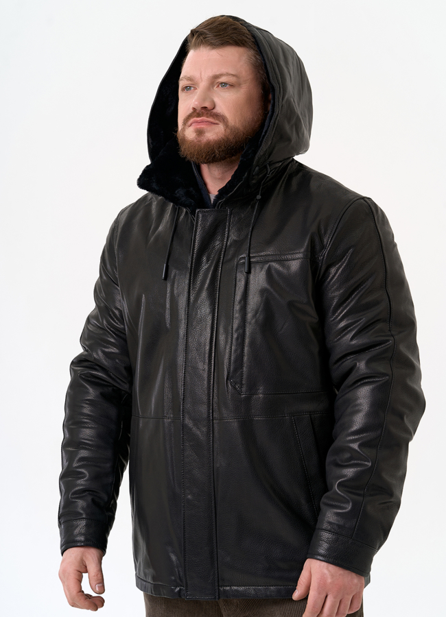 Мужская дубленка черного цвета с капюшоном модель № 31776 универмаг малина