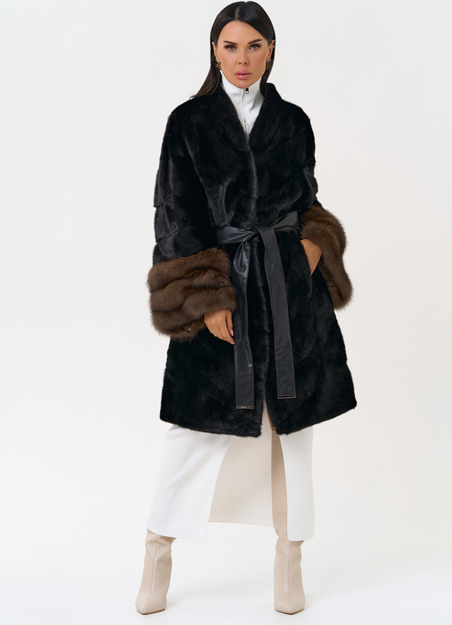 Норковая шуба с манжетами из меха куницы модель № 31200 в рассрочку