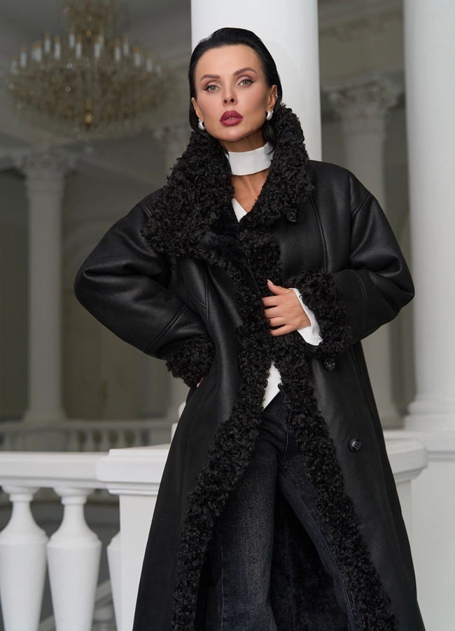 фото Женская дубленка из эко замши с поясом модель № 31280