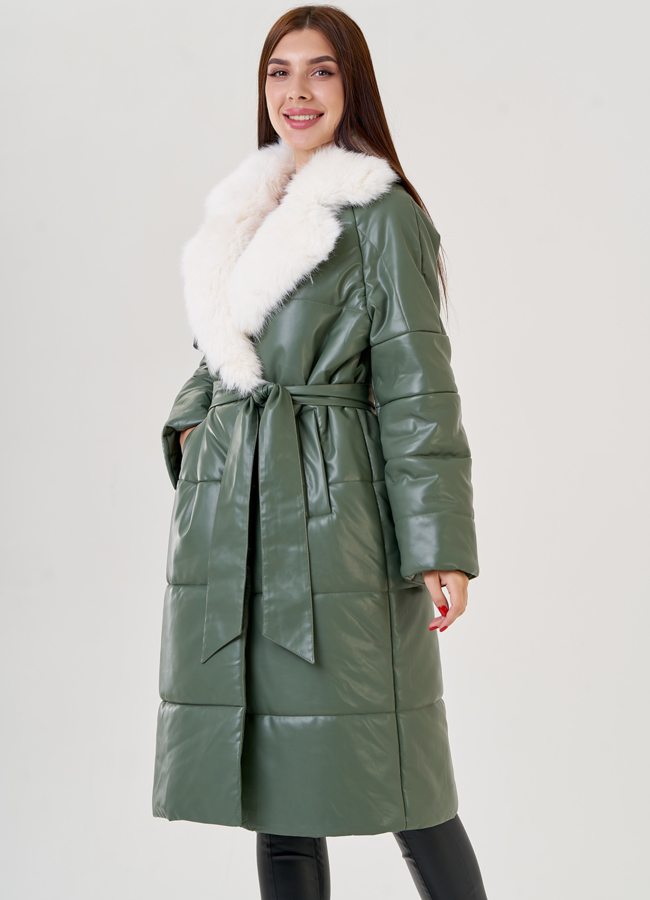 Женский классический пуховик Malina Siberian из эко кожи в зеленом цвете модель № 23365 универмаг малина