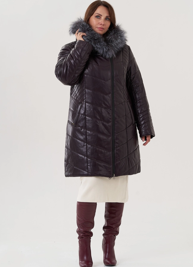 Пуховик из эко кожи с капюшоном на молнии модель № 25703 в рассрочку