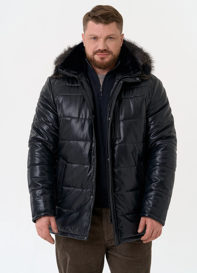 Пуховик из эко кожи с капюшоном из меха енота модель № 22072 меха малина
