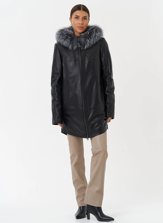 Утепленное полупальто из натуральной кожи с капюшоном 
