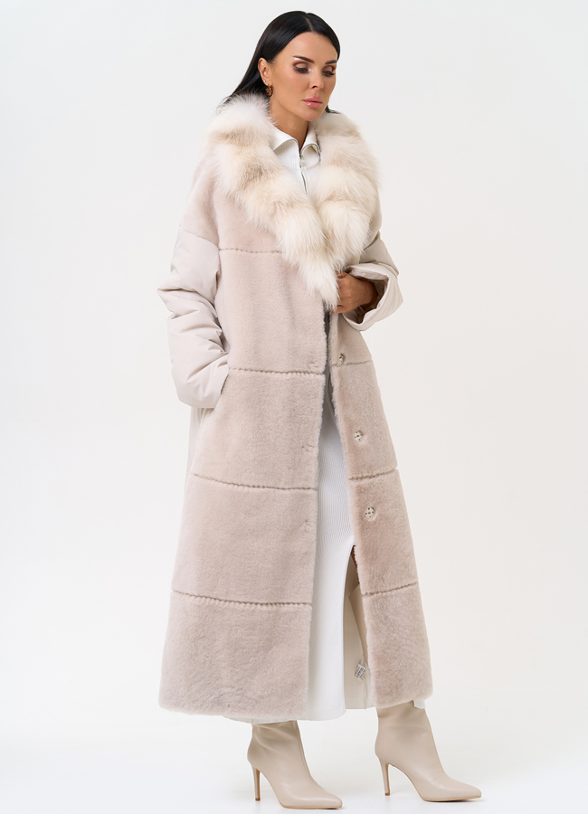 Комбинированное женское пальто из меха овчины с поясом модель № 31401 универмаг малина
