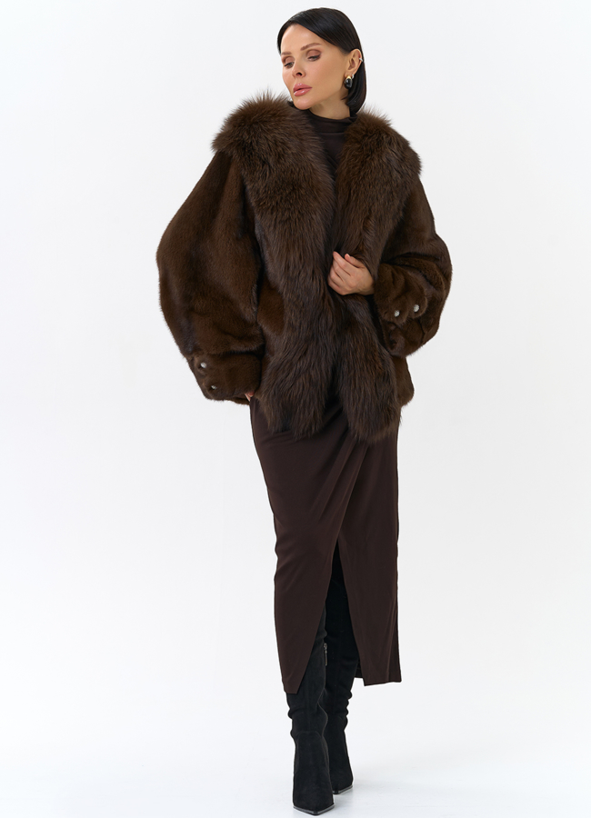 Шуба из норки с отделкой из меха чернобурки модель № 32030 универмаг малина