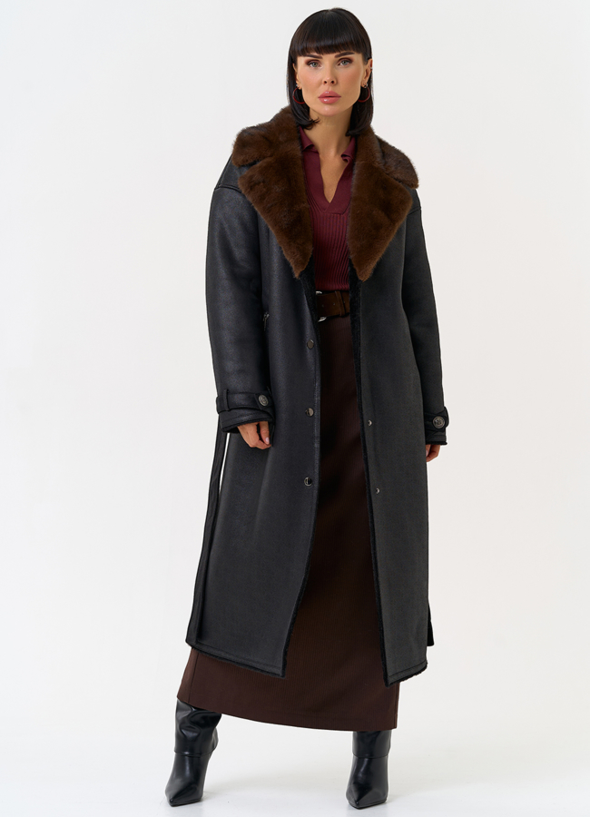 Женская дубленка из эко замши с английским воротником модель № 31507 универмаг малина