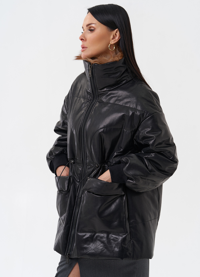 Кожаный пуховик с мехом модель № 29404 универмаг малина