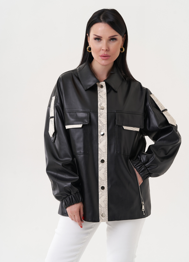Куртка-рубашка из эко кожи с контрастными вставками модель № 27161 меха малина