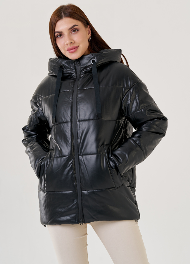 Черный пуховик Malina Siberian из искусственной кожи модель № 79132 универмаг малина