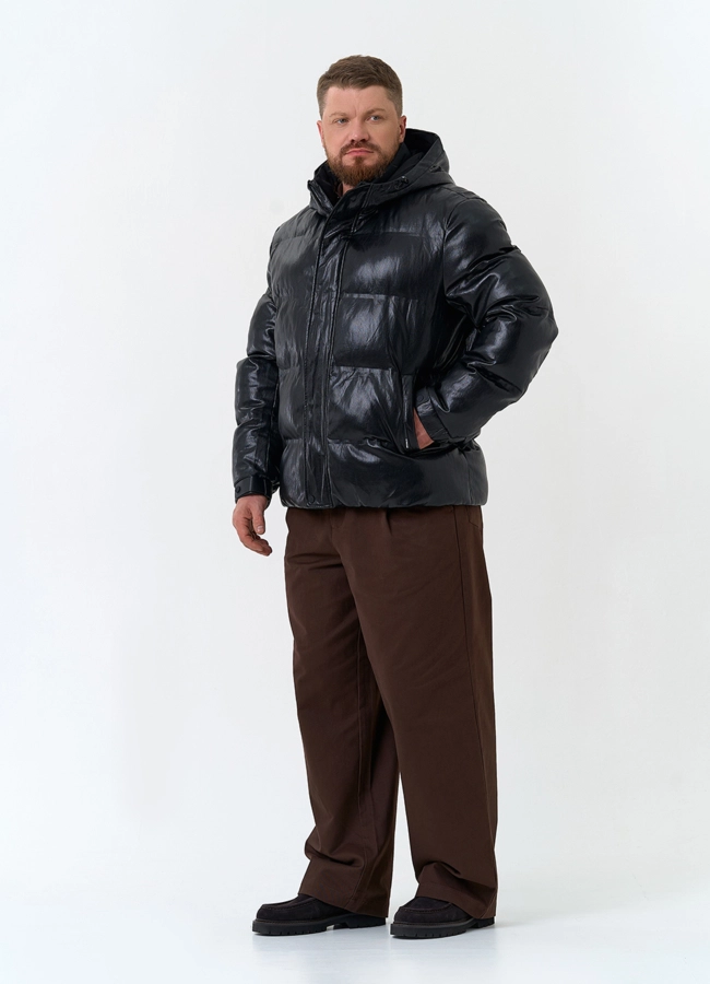 Мужской пуховик из эко кожи с капюшоном модель № 34087 в рассрочку фото