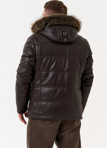 Пуховик из эко кожи с капюшоном из меха енота