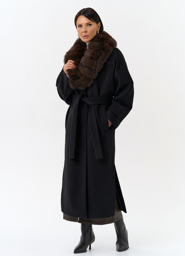 Женское утепленное пальто с отделкой из меха песца модель № 32006 в рассрочку