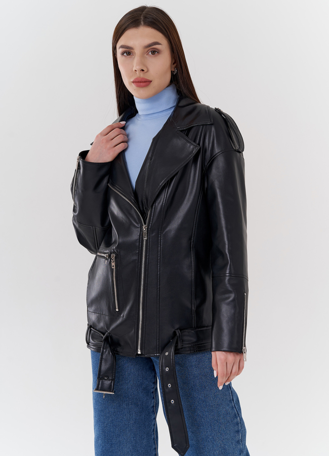 Куртка-косуха из эко кожи на утеплителе с натуральным мутоном модель № 24213 универмаг малина