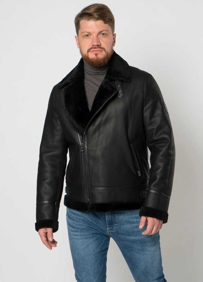 Мужская дубленка косуха в черном цвете модель № 21353 в кредит