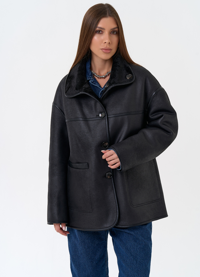 Женская двухсторонняя дубленка из эко замши в черном цвете модель № 31286 универмаг малина