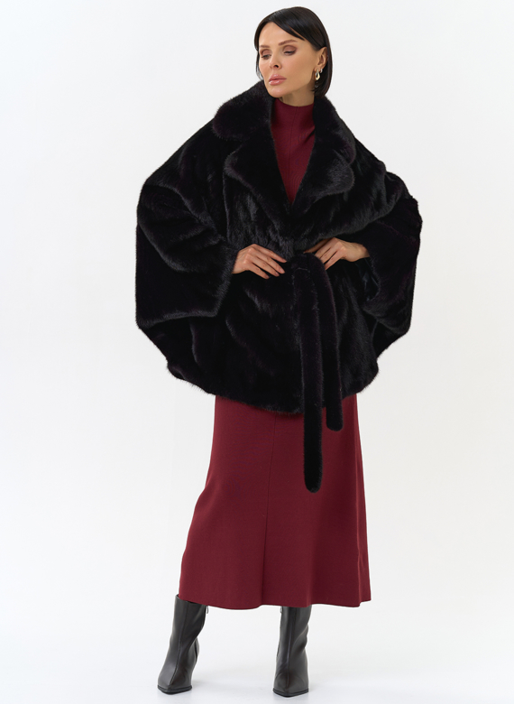 Шуба из меха норки с английским воротником в цвете баклажан