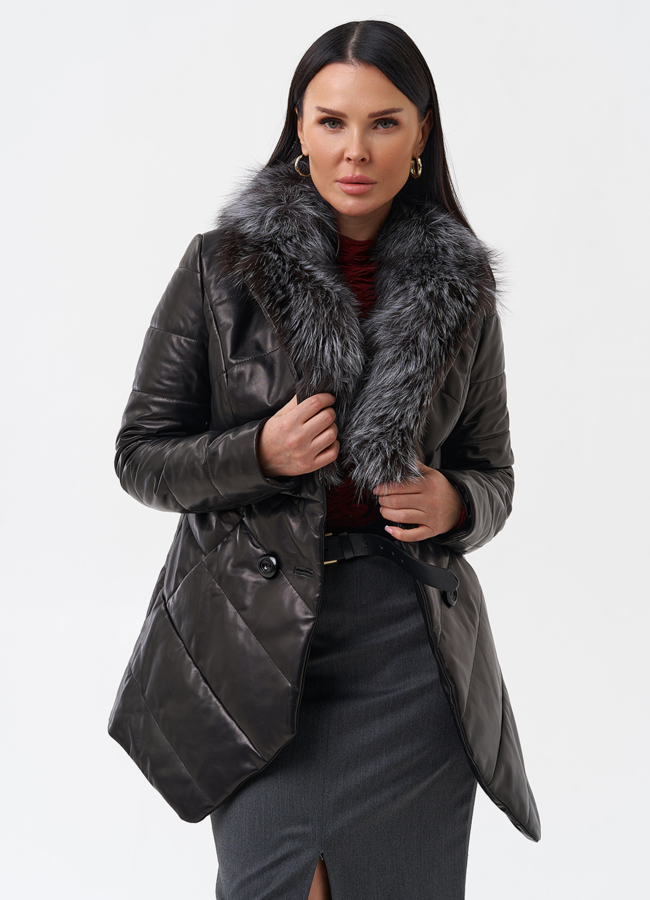 Кожаный пуховик с мехом из чернобурки модель № 29406 универмаг малина