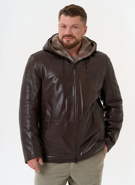 Мужская дубленка коричневого цвета с капюшоном