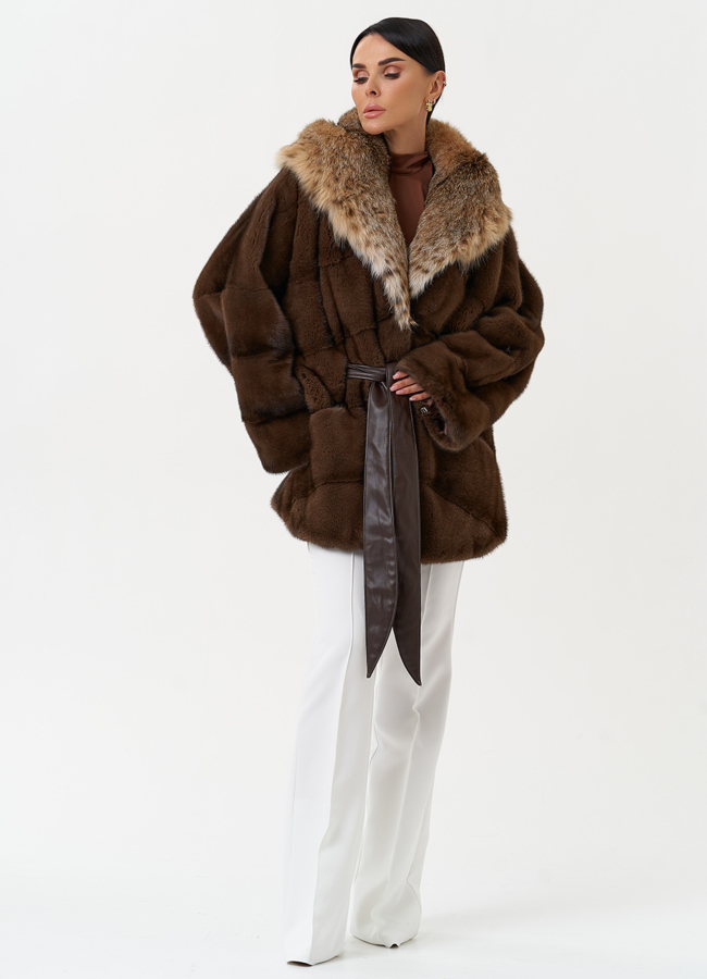 фото Женская шуба из меха норки с капюшоном из меха рыси модель № 31167