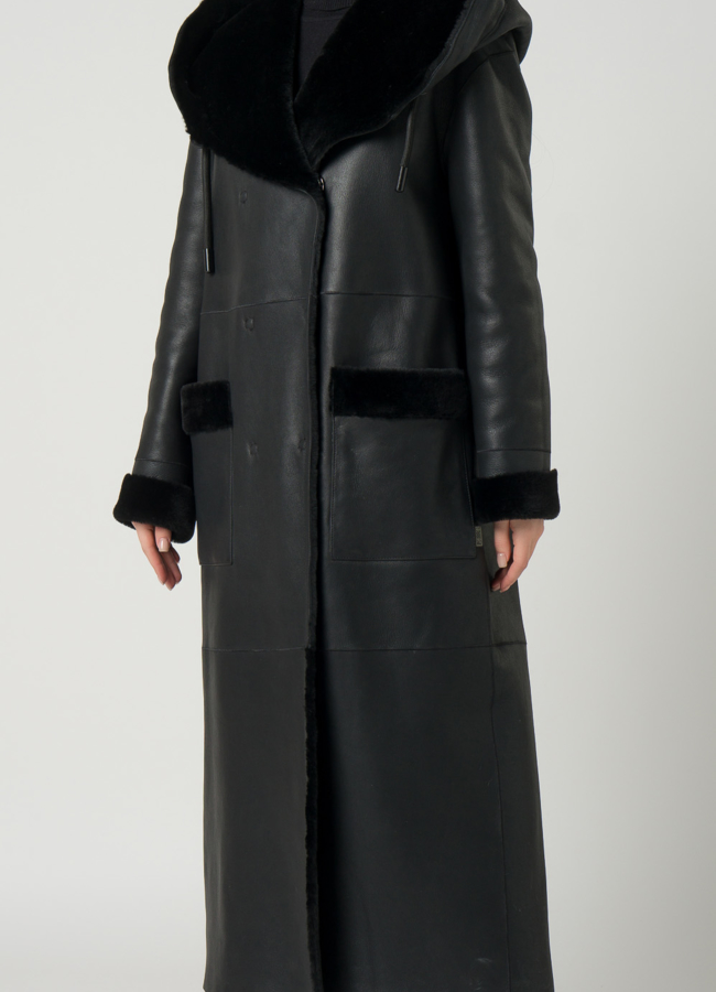 Удлиненная женская дубленка с капюшоном модель № 79587 универмаг малина