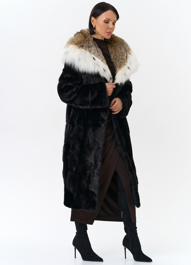 Норковая шуба черного цвета с рысью модель № 25004 универмаг малина