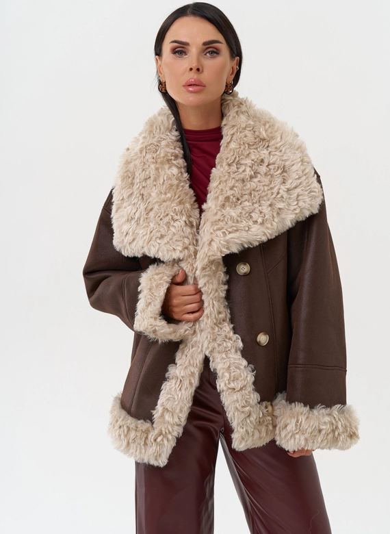 Дубленка из эко замши с высоким воротником