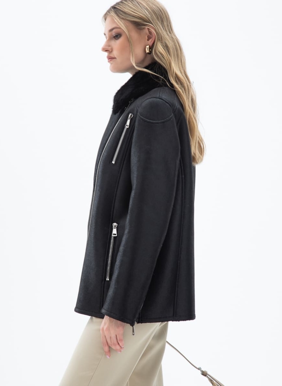 Женская дубленка из эко кожи с отделкой из эко меха